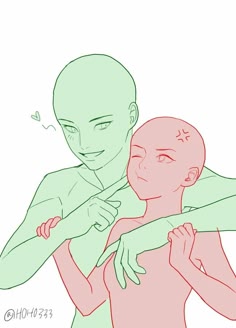 this is a digital lineart drawing of a couple in an anime or manga style. the male figure has a green skin tone and is embracing the female figure who has a pink skin tone. the man is holding the woman's wrist with his left hand and her right hand with his right hand. his right arm is wrapped around her, while his left arm is extended around her waist.  the woman's right arm is bent upwards and her left arm is hanging down at her side. there is a heart shape in the top left corner with a pink outline and a white fill, suggesting that the couple is in love. the drawing is simply a base and can be used as reference for drawing an anime or manga couple.