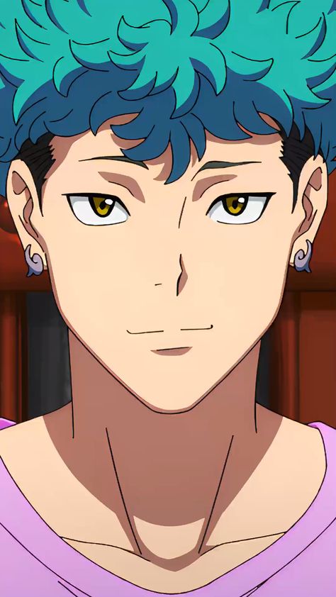 a closeup illustration features a young man with vibrantly colored hair and a confident expression. his hair is styled in a spiky, teal cut, framing his face. he sports a relaxed, purple vneck shirt. his most striking features are his golden eyes, accented by the sunlight hitting them, creating a sense of depth.content: portrait, anime, male, closeuppeople:  young man environment:   lighting: soft lightingperspective: frontalkw: anime boy, teal hair, golden eyes, confident, portrait, anime style, close up, vneck shirt