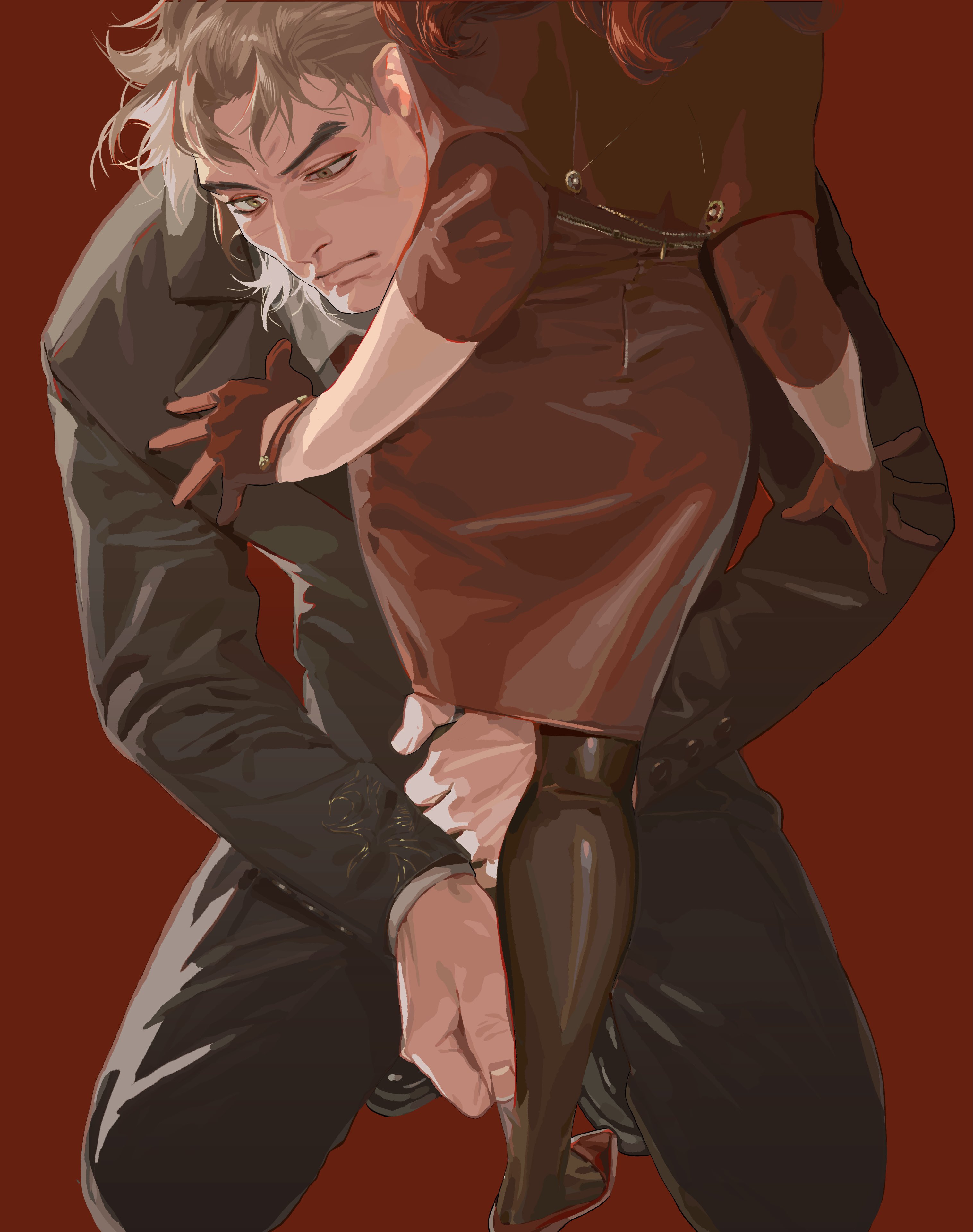 a digital illustration depicts a man in a dark coat holding a woman, who is wearing a red dress, leather boots, and gloves. the image is set against a solid red background. the man has a serious expression on his face.