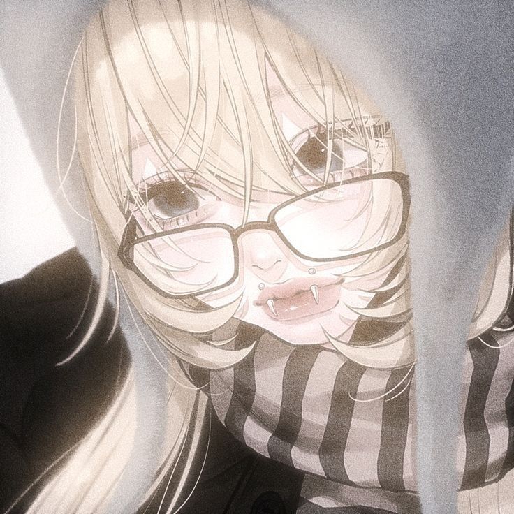 an animestyle illustration of a blonde girl with glasses and fangs, wearing a striped shirt and black jacket. she appears to be taking a selfie.