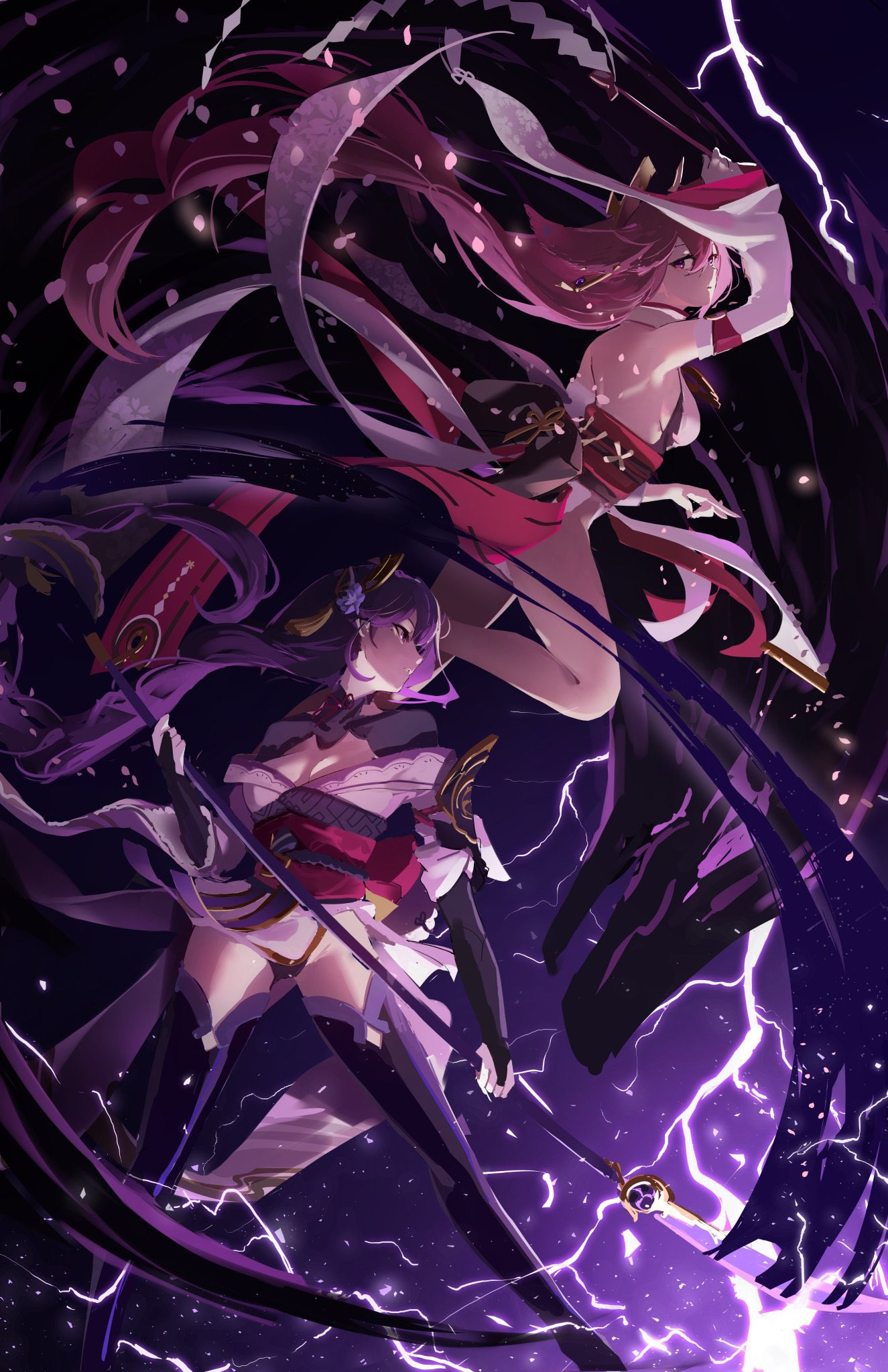 two female characters in fantasy attire are engaged in a fierce battle, their weapons crackling with purple lightning. the background is a swirling vortex of dark energy and purple lightning, emphasizing the intensity of the conflict. the lower character is in sharp focus, wielding a spearlike weapon, while the upper character appears more ethereal, her form blending with the dark energy.