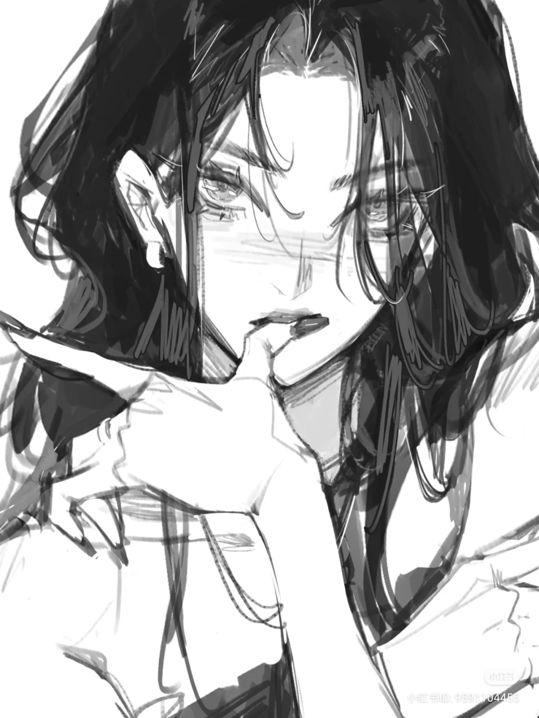 this is a striking, black and white digital art piece of a young woman. rendered in a loose, expressive style, the artwork focuses on her face and hands, capturing a sense of attitude and intrigue. the use of bold lines and contrasting shading creates a sense of depth and dimension, while the unfinished, sketchy quality adds to the artwork's raw energy.