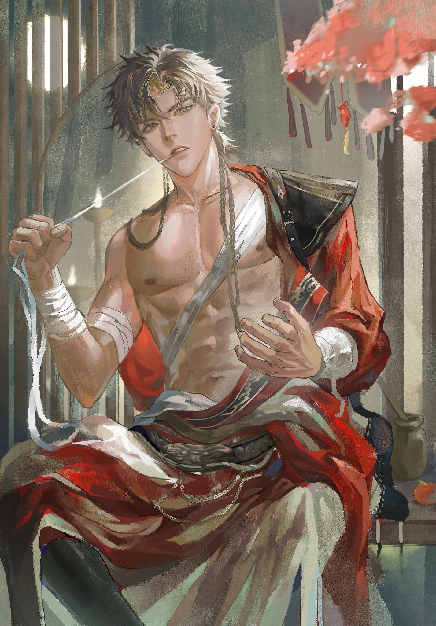 this is a digital painting of an anime character. he is a handsome man with brown hair and green eyes. he is wearing red clothing and accessories, including a necklace and bracelets. he is sitting with one hand on his lap and the other holding a white cord. the background is a blurred scene with some blurry objects.