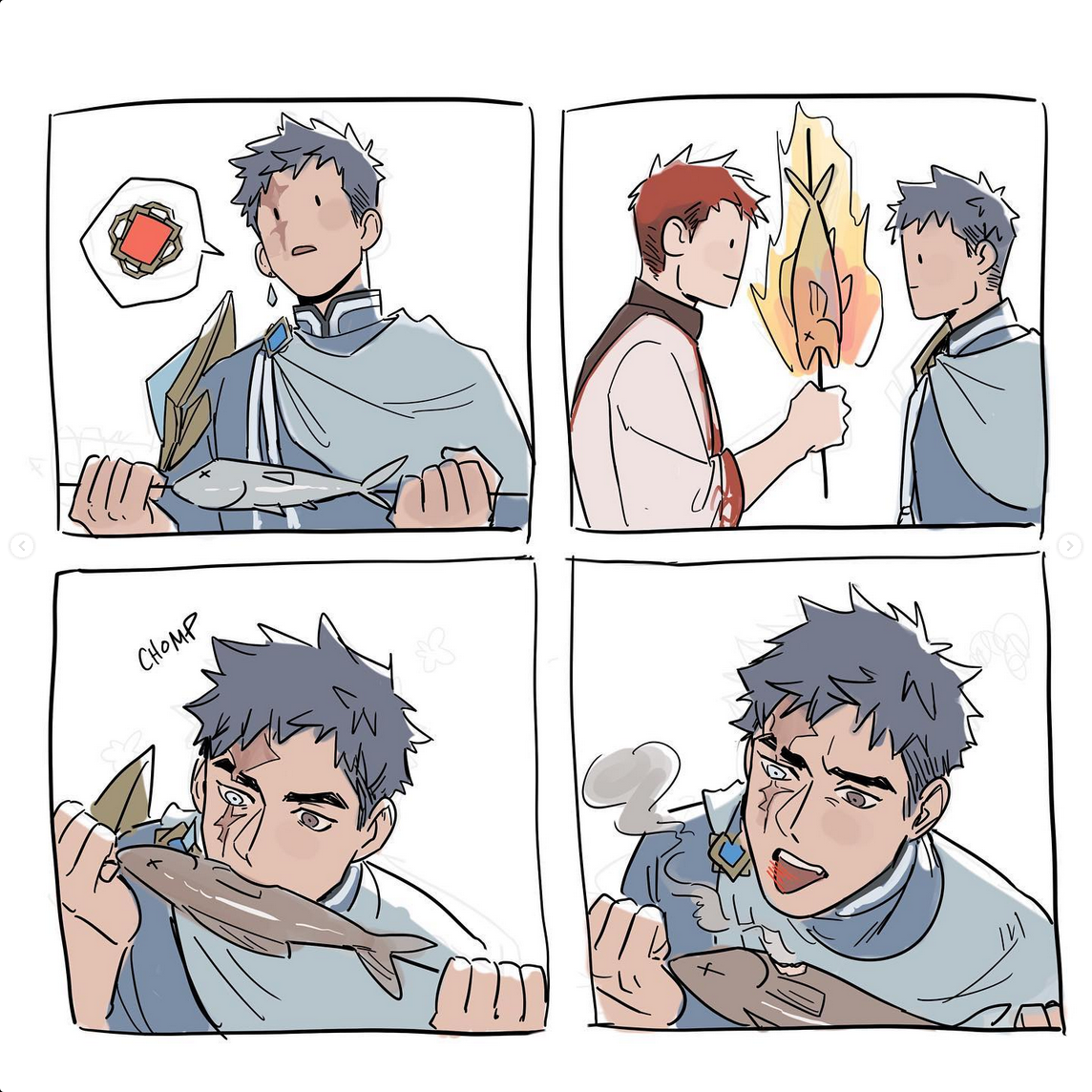 a fourpanel comic shows a man holding a raw fish. he seems unsure about it. another man offers to cook it with fire.  in the final two panels, the first man devours the fish, raw in the first instance and cooked in the second, with equal gusto.