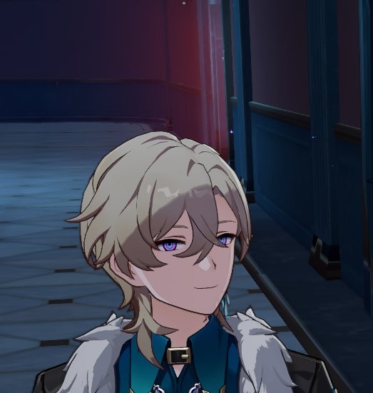 a closeup shot of aether, one of the playable characters from genshin impact. he's a young man with shoulderlength blonde hair, striking purple eyes, and a subtle smile. he is dressed in an elegant outfit with a tealcolored top and a fur collar. the background is a dimly lit hallway with dark blue walls and a tiled floor, suggesting an indoor setting within the game. the image is a screenshot from the game, showcasing the character model and its details.
