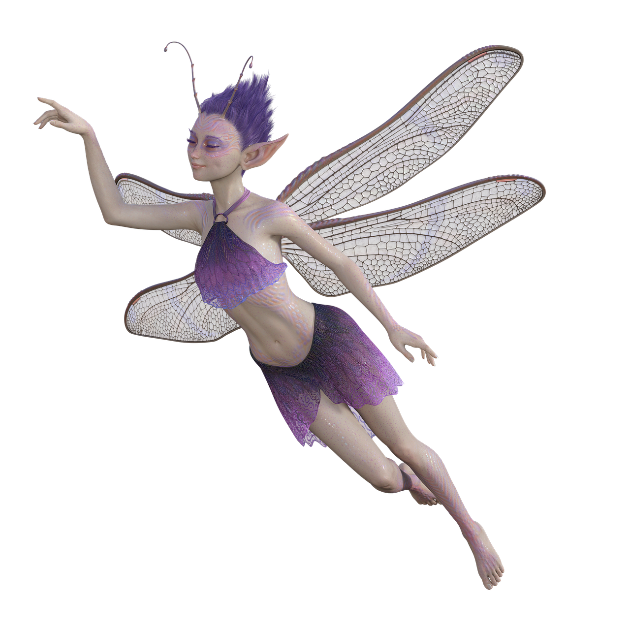 a 3d rendering of a fairy with translucent wings is set against a black background. the fairy has a fair complexion, purple hair, and delicate facial features with a slight smile. she is dressed in a purple halter top and a short, laceedged skirt, also in purple. her wings are large and dragonflylike, with a visible vein pattern that gives them a delicate, seethrough quality. the fairy is posed in a midair position, with one arm extended upwards and the other slightly bent, suggesting movement or flight. the overall impression is one of fantasy and ethereal beauty.