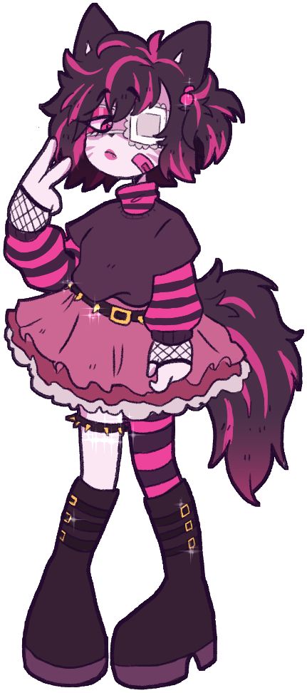 a cartoon girl with black and pink hair, wearing a pink dress with black stripes,  a black shirt, and black boots, is drawn in a cute and colorful style.  she has a black eye patch with a white bandage and is holding her hands up to the side of her face with a playful look on her face.