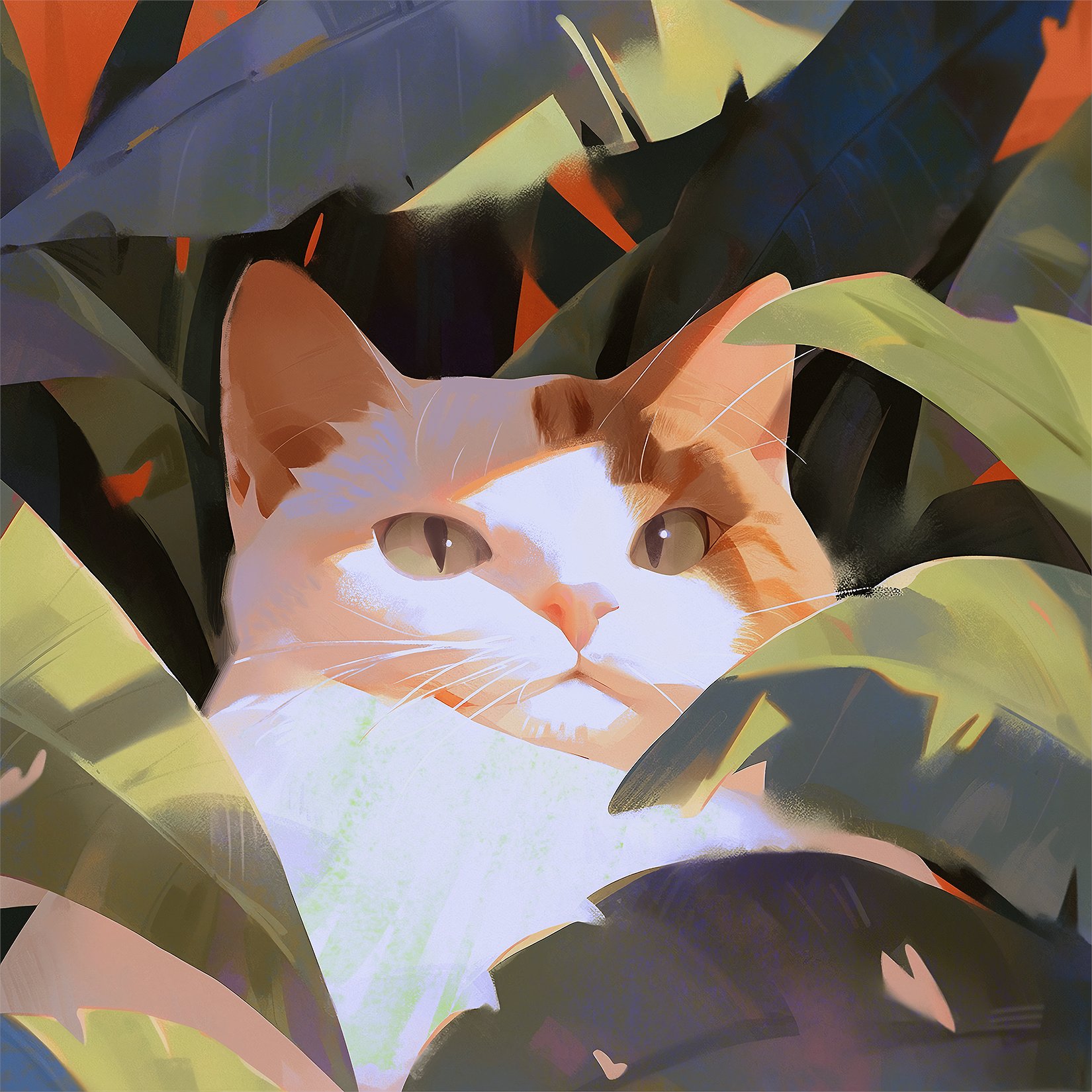 a closeup portrait of a white and orange cat peeking out from behind a lush green plant. the cat has a serene expression and its eyes are halfclosed, as if it is dozing off. the leaves of the plant create a frame around the cat's face and add a touch of green to the image. the painting style is abstract and artistic, with soft colors and blurry edges. the overall effect is dreamy and peaceful.