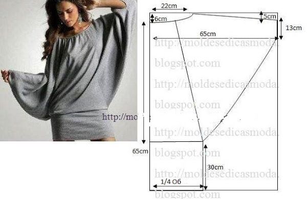 the image contains a photograph of a gray, widesleeved dress alongside a pattern diagram with measurements in centimeters. the diagram appears to be a quarter pattern piece, indicating that the design is likely symmetrical. measurements such as 22cm, 6cm, 65cm, 5cm, 13cm, 30cm, and "1/4 06" are visible on the diagram. there is also a website address watermarked across both the photo and the pattern, likely the source of the image.