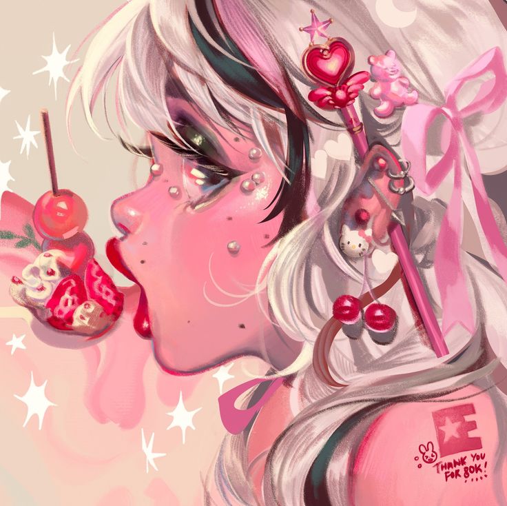 this is a digital illustration of a cute anime girl with white hair and pink highlights. she is eating a strawberry and cherry on a stick. she has a pink headband with a white bow and a sparkly heart stick in her hair. she has bright pink cheeks, red lips, and sparkling eyes.  she has a cute bunny sticker on her arm that says "thank you for 30k!"  the background is pink with white stars.