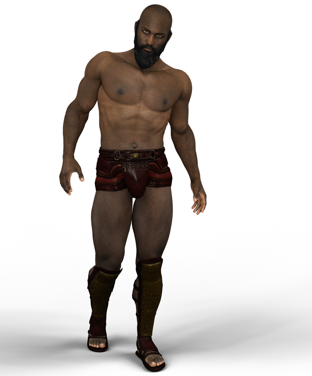 a rendering of a muscular black man with a beard and bald head, dressed in gladiator armor.