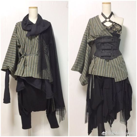 the image shows two different outfits, both with a gothic and punk inspired style. both outfits are layered with different fabrics and textures, creating a unique and edgy look. the outfit on the left features a striped longsleeved shirt with black tulle overlay and a black widelegged pants.the outfit on the right features a striped kimono with black tulle overlay and a black corset with jeans fabric. both outfits are worn with black accessories and both models are striking a pose. the overall image is very stylish and captivating.