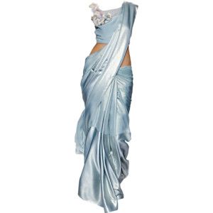 a blue satin saree, an indian traditional garment, is draped elegantly. it features a decorative floral applique on the shoulder.
