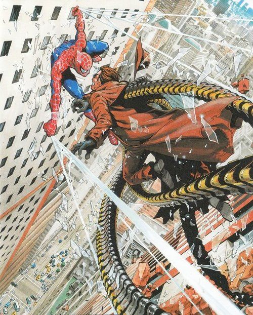 this comic book illustration shows spiderman battling doc ock in a highrise building. spiderman is hanging from a web, and doc ock is using his mechanical tentacles to attack. there are pieces of broken glass from the building all over the ground, and a cityscape can be seen in the background. the action is intense, and the dynamic pose of the characters makes the scene more captivating.