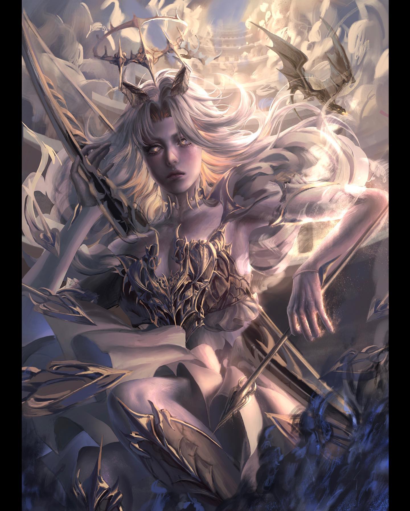 the artwork portrays a female figure with an ethereal and somewhat melancholic beauty. she seems caught between realms, her white hair flowing around her like a celestial shroud as she sits amidst a swirling mass of clouds and what appear to be small, ethereal dragons. her attire, a complex arrangement of metallic adornments, suggests both angelic and demonic influences. large, feathered wings sprout from her back, but some bear tears and signs of wear. in her hands, she delicately holds a spearlike weapon, its ornate design hinting at a powerful and possibly sorrowful past. the lighting is dramatic, with a bright, almost divine light source emanating from behind her, casting the rest of the scene in a soft, ethereal glow.