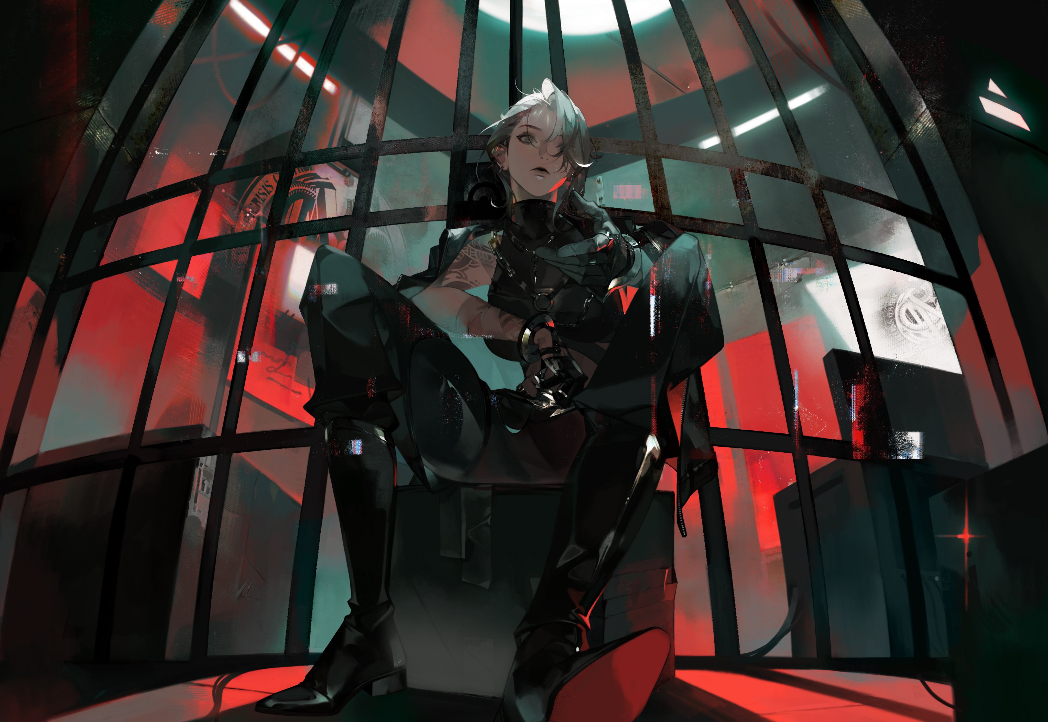 an anime girl with white hair and red eyes sits in a cage, with red and black lighting illuminating her face. she looks serious and confident. the walls of the cage are made of metal bars, and the window is dirty and grimy.