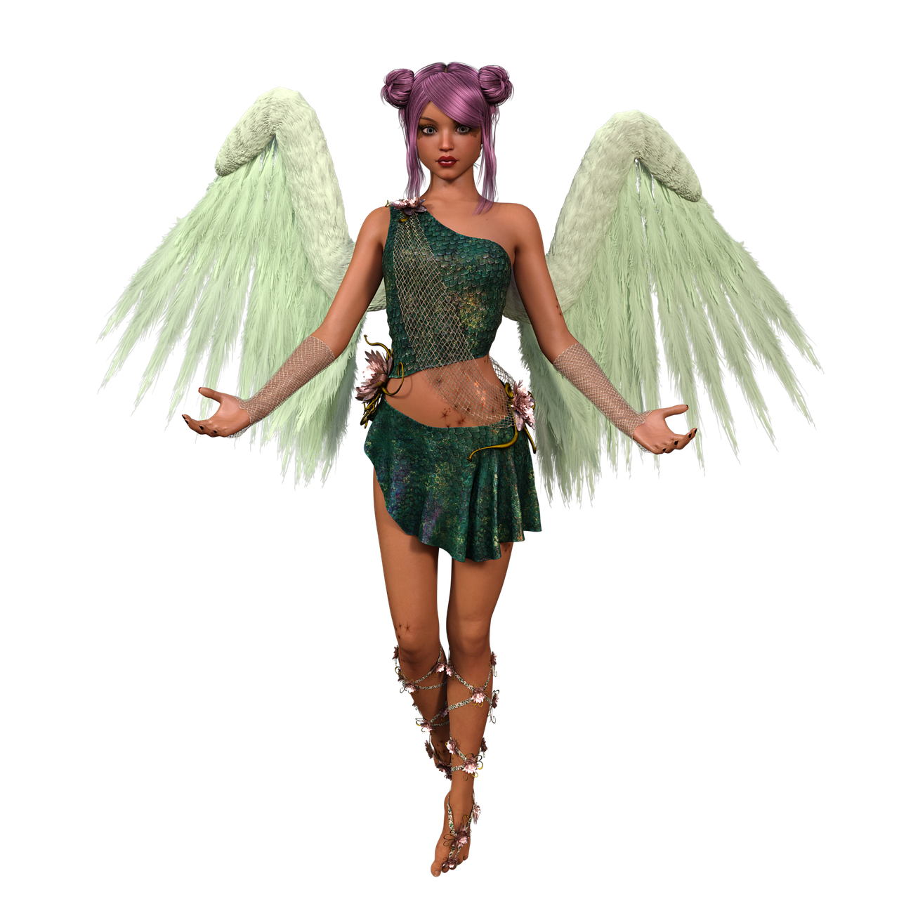 a 3d rendering of a fairy with purple hair, wearing a green dress and jewelry, with large white wings, set against a black background.