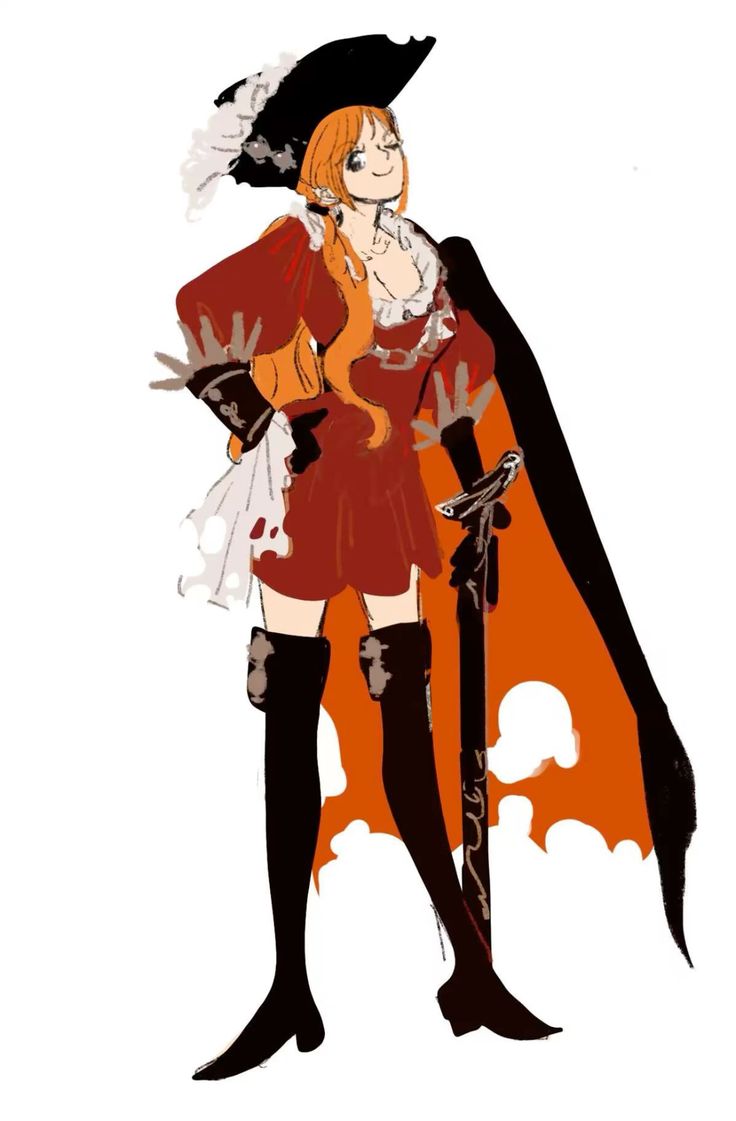 a fullbody illustration of nami from one piece, dressed in a piratethemed outfit. she wears a red dress with frills and a pirate hat with white accents, along with thighhigh black boots. she has orange hair styled with a braid and is posed with her hands on her hips, looking upwards with a smirk. she has a sword slung to her side, and behind her is a cape that is black on one side and orange with a skull design on the other. the style is reminiscent of anime character design.