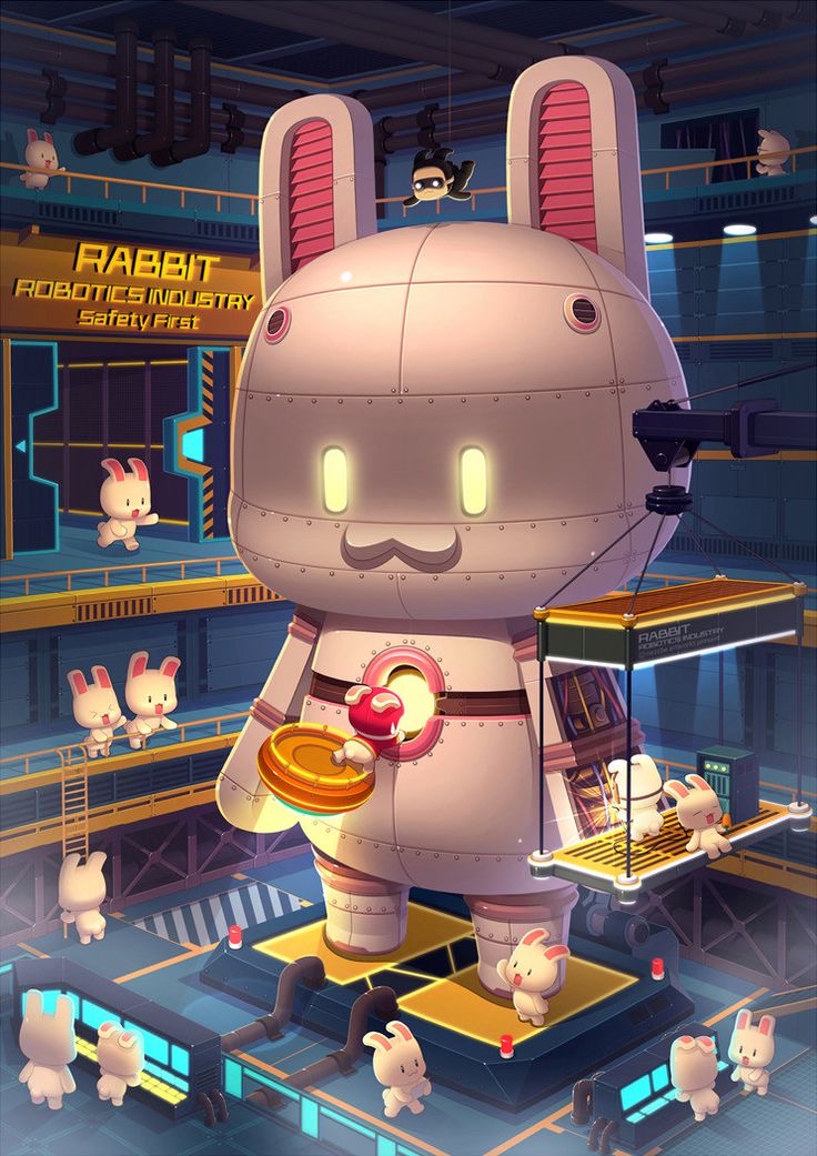 this is a cartoon illustration of a large, white robot in the shape of a rabbit. the robot has pink ears and a brown belt. the robot is standing on a platform in a factory. there are smaller, white rabbit robots walking around the factory floor. the background is a dark blue and black, with metal grates and platforms. the scene is set in a futuristic industrial environment. the sign above the robot says, "rabbit robotics industry  safety first". the image is stylized in a kawaii anime style with rounded shapes and exaggerated features.