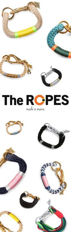 the image shows a variety of rope bracelets. some bracelets are thick, while others are thin. the bracelets are adorned with colors, such as pink, yellow, orange, green, blue, and black. some bracelets have metal clasps, while others do not. the words "the ropes made in maine" are printed in the middle of the image.