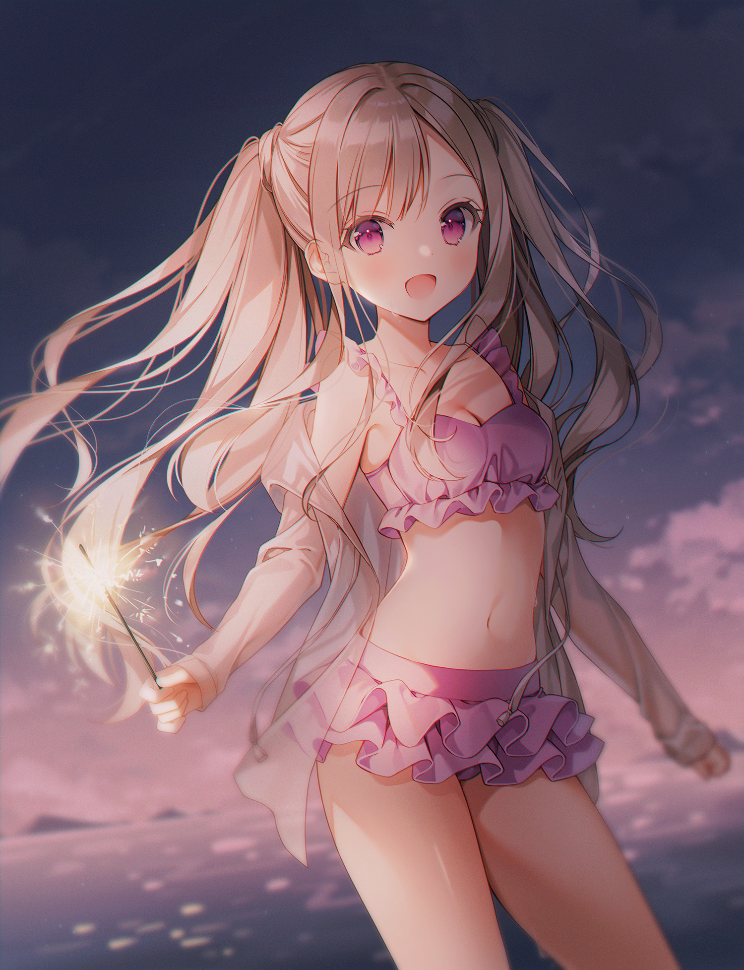 the image is a digital illustration of a cute anime girl with long blonde twintails. she's wearing a light purple ruffled bikini and a light beige cardigan. she's holding a lit sparkler and smiling happily. the background is a beautiful sunset over a calm ocean. the overall style is soft, dreamy and romantic, typical of many contemporary anime illustrations.  the artwork emphasizes the girl's cuteness and the serene beauty of the setting.