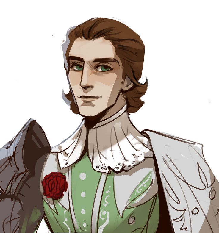 the image is a digital painting or illustration of a young, handsome man.  he appears to be of noble or aristocratic bearing, dressed in elegant, stylized clothing.  his attire consists of a pale green, ornate waistcoat or doublet, a large white pleated collar, and a light gray cloak. a single red rose is pinned to his chest.  he has shoulder armor partially visible, suggesting a military or protective element. his hair is shoulderlength and brown, and he has striking green eyes. the style is soft and painterly, with loose, expressive brushstrokes. the background is plain white, focusing attention on the character.