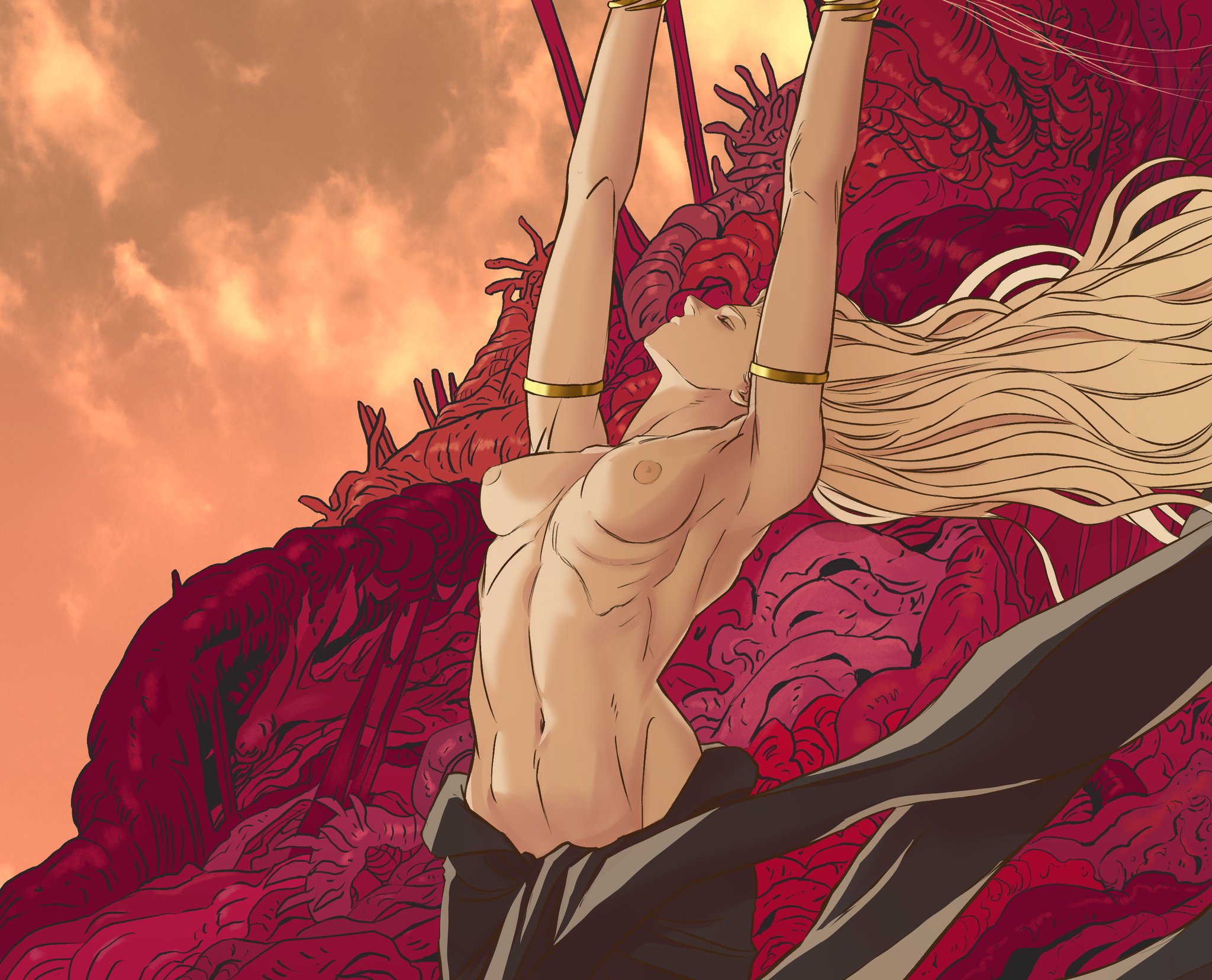 a nude female figure with blonde hair and gold bracelets is shown with her arms raised against a surreal red background and a reddishorange sky. the style appears to be inspired by anime.