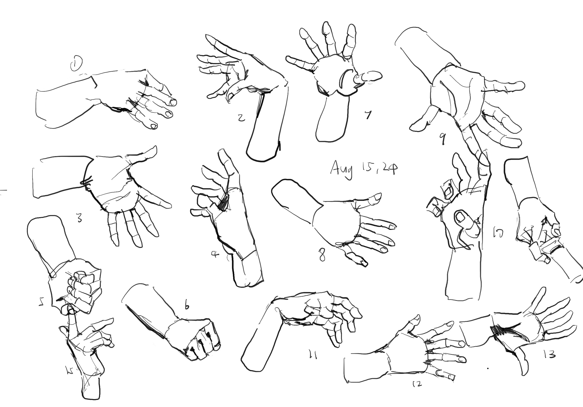 a page from a sketchbook filled with thirteen quick sketches of hands in various positions. the drawings are done in black ink on white paper, and are numbered 113.  the date "aug 15, 24" is written above the drawings. the style is loose and expressive, focusing on capturing the gesture and form of the hands rather than minute details.