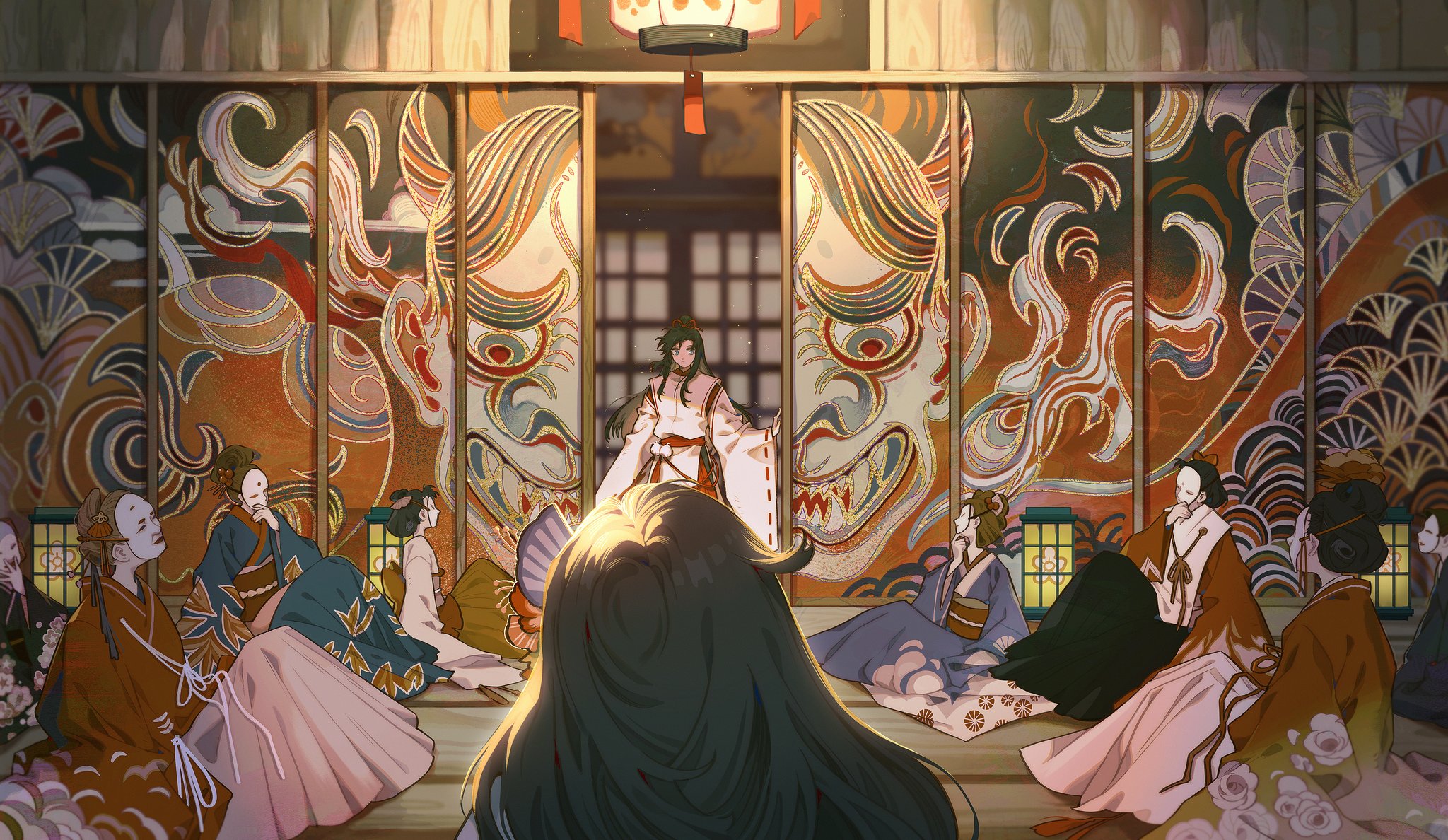 the image features a group of anime women in traditional japanese attire sitting on the floor of a room. they are all wearing elaborate kimonos and masks. in the background, there are two large, ornate panels with intricate designs and patterns. the room is lit by lanterns hanging from the ceiling. the women appear to be in a state of contemplation, their expressions serene and their postures relaxed. the image evokes a sense of tranquility and beauty.