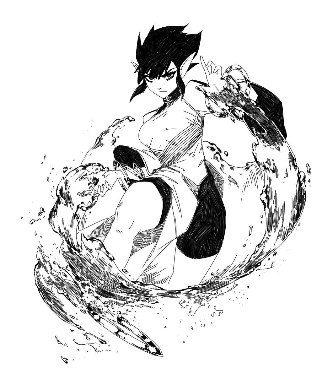 the image is a dynamic black and white ink drawing of an animestyle female character.  she appears to be an elf or fantasy warrior, with pointed ears and flowing clothing. she is depicted in a powerful action pose, surrounded by a swirling vortex of water that seems to be manipulated by her. she has a determined expression and holds a dagger.  the style is detailed and expressive, with strong lines and shading creating a sense of motion and energy. the overall aesthetic is dark and dramatic yet elegant.
