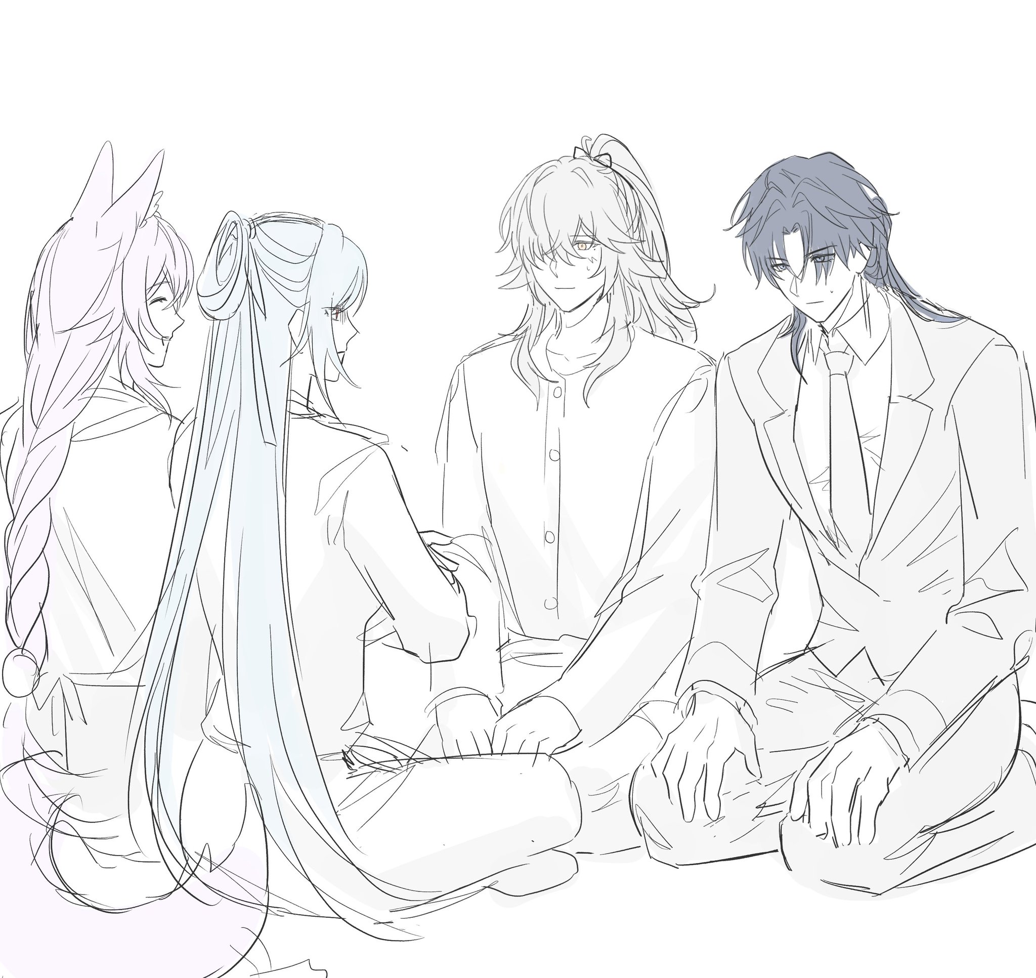 a black and white sketch of four anime characters, three female and one male, sitting on the floor. the characters are all drawn in a simple, stylized manner, with long, flowing hair and expressive eyes. the female character on the left is wearing a simple shirt and pants, while the other two female characters are wearing more elaborate outfits, including dresses and skirts. the male character is wearing a suit. the characters are all talking to each other, and there is a sense of camaraderie between them.