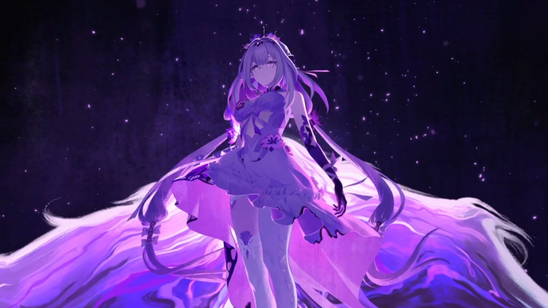 a full shot of an animestyle woman with long, wavy, purple hair. she is wearing a crown and a purple dress with a short skirt. she is standing in a dark space filled with stars or sparkling lights. the bottom of her dress extends outwards and fills the bottom of the frame with a flowing, luminous purple fabric. the overall style is fantasy and visually striking.
