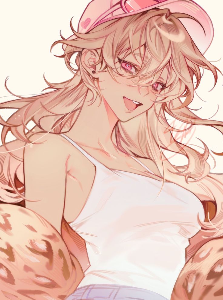 the image is a digital drawing or painting of an animestyle young woman.  she has long blonde hair, is wearing a pink baseball cap with sunglasses, a white tank top, and what appears to be light denim shorts partially visible at the bottom. the overall color palette is soft and pastel, primarily using peach and pink tones. she has a playful, almost mischievous expression with her tongue slightly sticking out and a blush on her cheeks. her eyes are expressive and her hair flows loosely around her. she's partially draped over what looks like a light brown and tan leopard print fabric or blanket.  the art style is clean and features soft shading, giving the illustration a smooth and polished look.