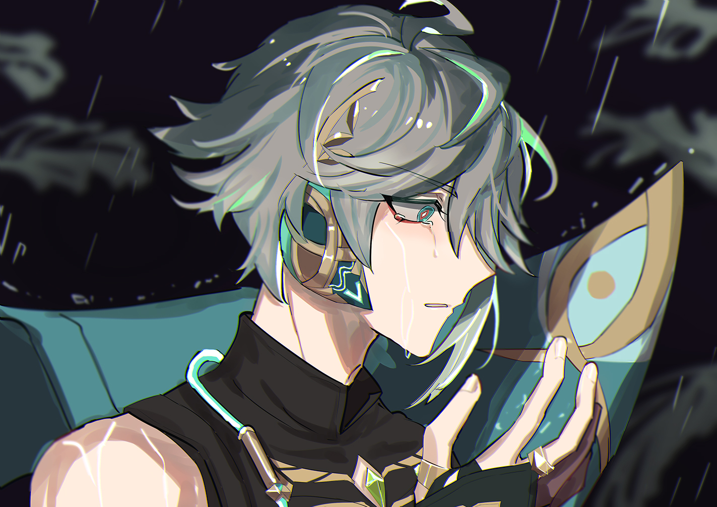 this is a digital illustration of an anime male character with green hair and blue eyes. he is wearing headphones and a black shirt. he is crying and looking sad. his hand is holding a ring. there are raindrops in the background. the illustration is done in a closeup style, focusing on the character's face and emotions. the colors are muted and the overall mood is melancholic.