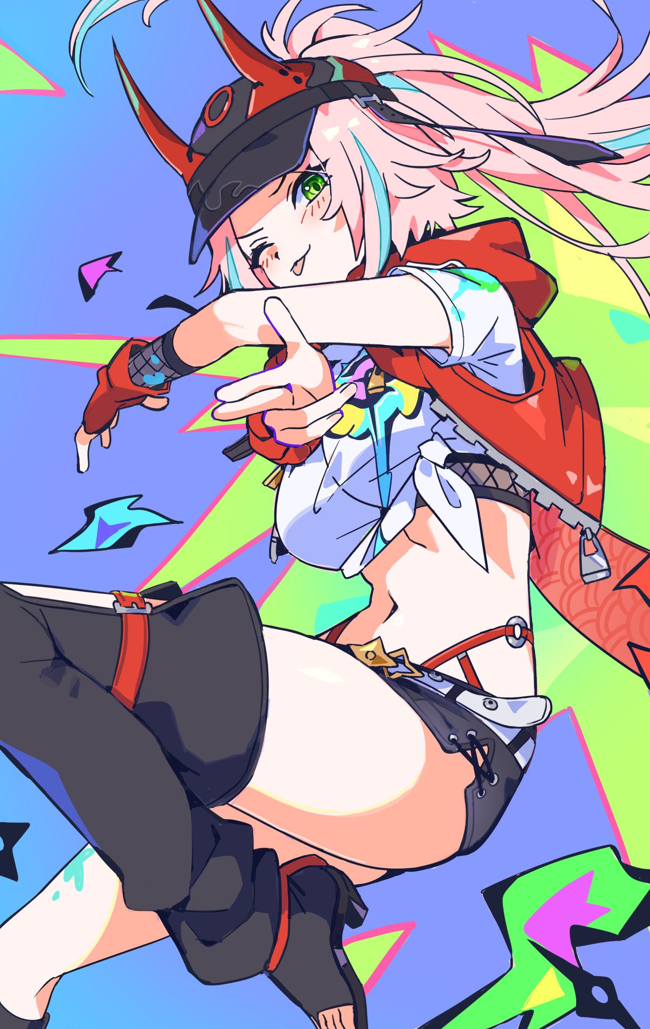 the image shows an anime girl with pink hair wearing a red jacket, a white shirt and black pants. she has green eyes and is wearing headphones. the background is a colorful graffiti style. she is looking to the side and her hand is extended. she is smiling.