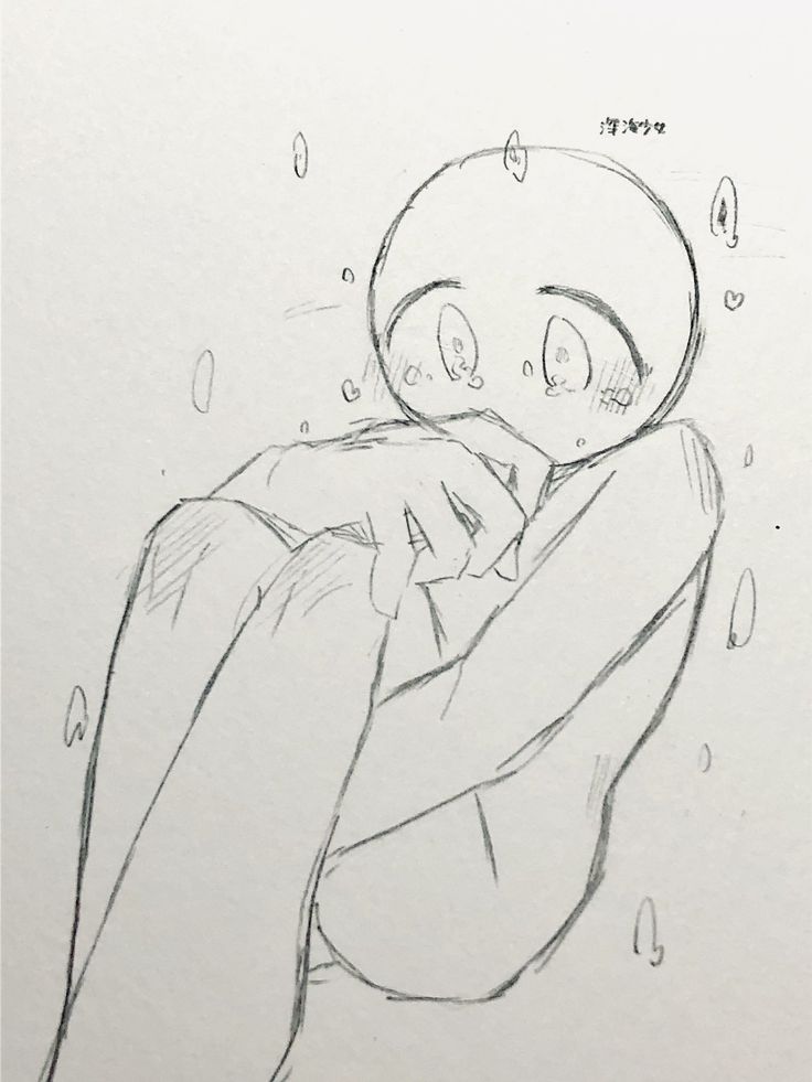 this is a sketch of an anime character. the character is a young human with a large head and round eyes. they are shown in a sad pose, with their head resting on their knees, their arms wrapped around themselves. the character is crying, and there are tears rolling down their cheeks. there are also small hearts and other shapes surrounding the character, which may suggest that they are heartbroken. the style of the sketch is simple, but it effectively conveys the character's emotions.
