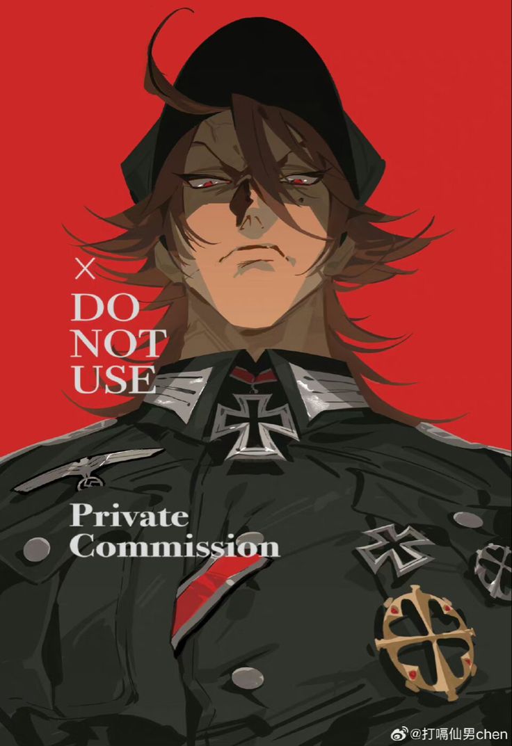 the image is a stylized digital portrait of a man in a nazi german military uniform.  he has dark reddishbrown hair, intense red eyes, and a stern expression.  his uniform is detailed, showing various insignia including iron crosses. the background is a solid, bold red.  text overlayed on the image indicates that it is a "private commission" and carries a "do not use" warning. the art style is reminiscent of anime or manga, but with a more mature and darker aesthetic. the overall tone is dramatic and serious.