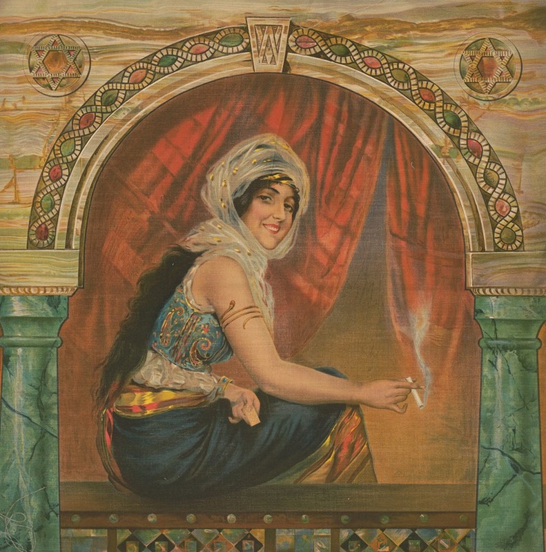 an illustration depicts a woman in an orientalist style, seated within an arched architectural setting. she wears a semitransparent turban with golden embellishments, a blue embroidered top, and a long dark skirt with a golden sash. her long, dark hair falls down her back. she smiles, holding a cigarette in one hand and a small object in the other. a red curtain is behind her, and she sits within an archway flanked by decorative pillars. the surrounding decor includes geometric patterns and ornaments, adding to the exotic and vintage aesthetic.