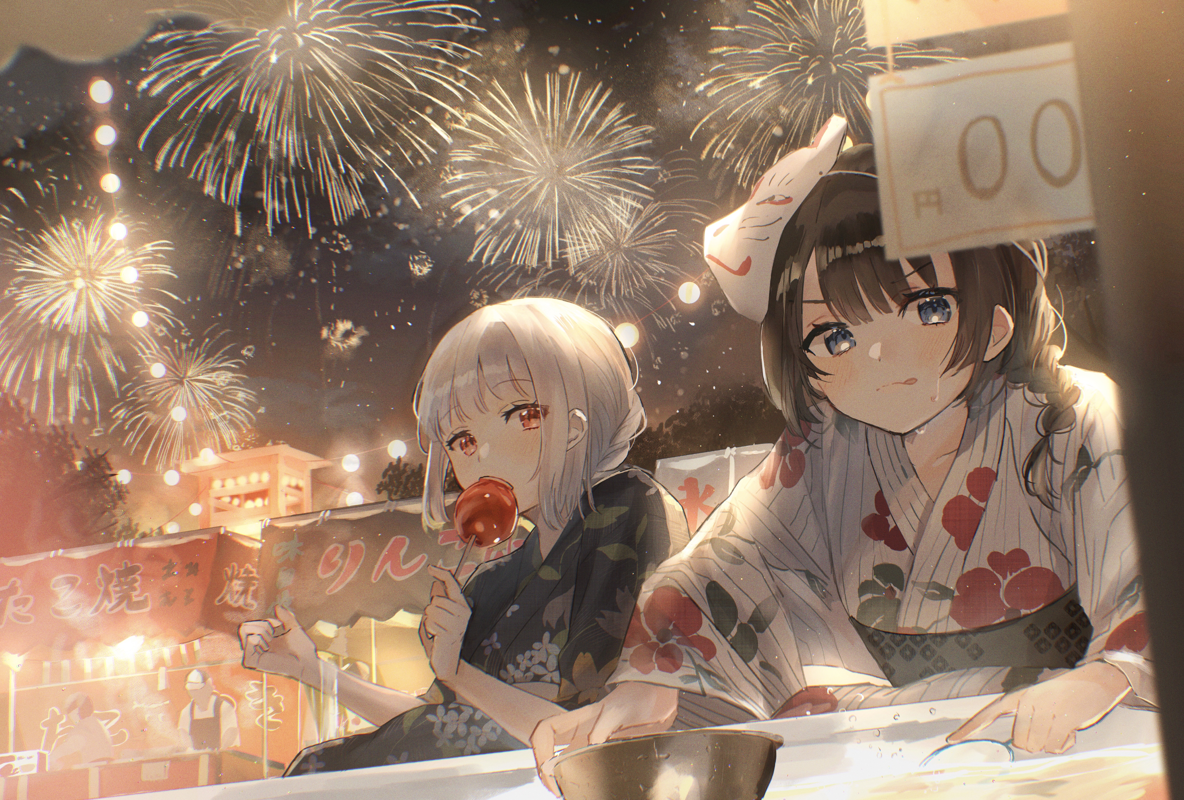 the image is a digital painting of two anime girls in yukata at a summer festival. the background is filled with vibrant fireworks, creating a festive atmosphere. one girl is holding a candy apple, while the other looks slightly sad. they are sitting at a stall, and bowls are in front of them, suggesting they are enjoying some food at the festival. the overall style is soft and dreamy, with a focus on color and atmosphere.