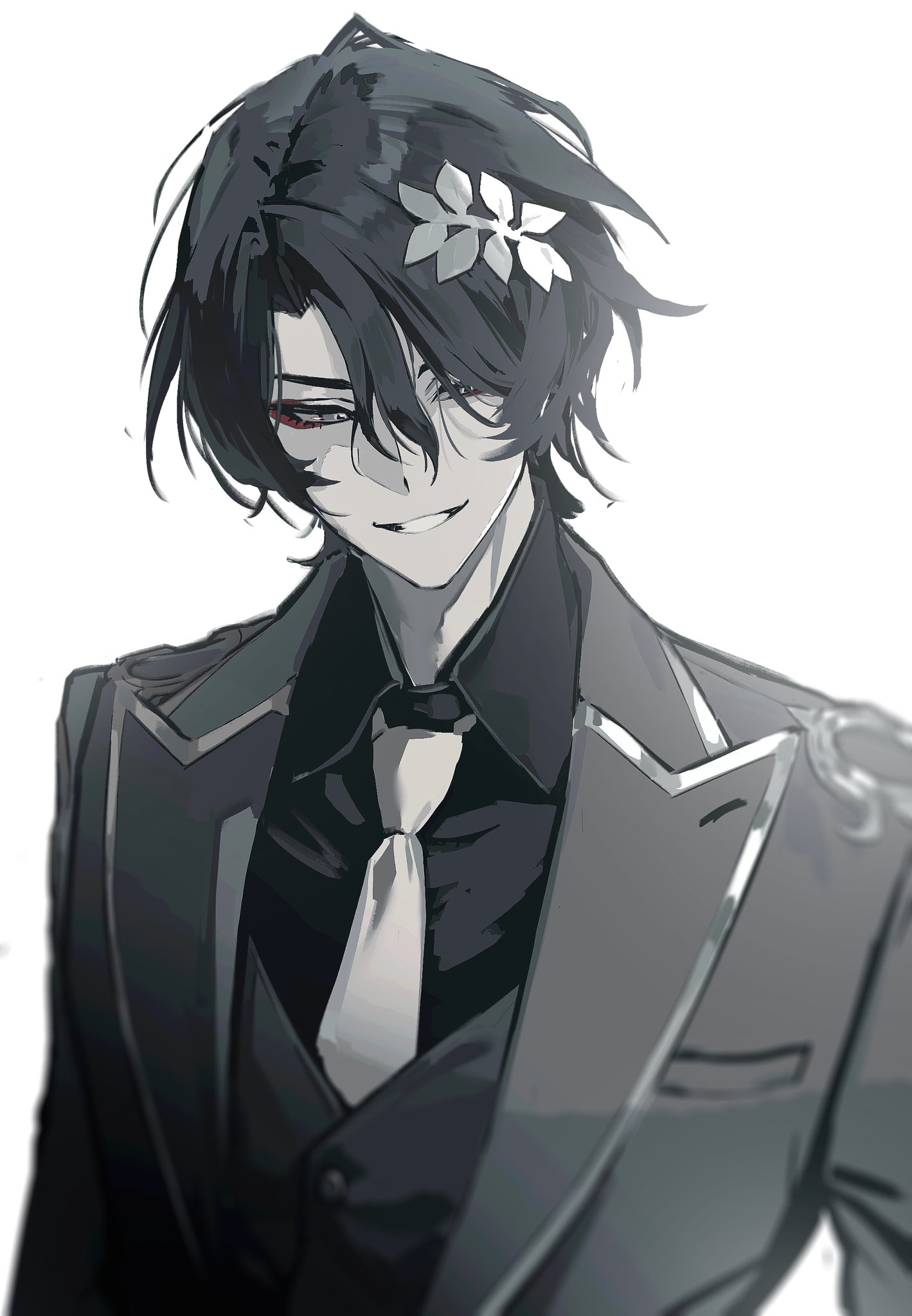 the image is a digital drawing of an animestyle young man. he has dark, slightly messy hair with a white flower ornament behind his ear. he's wearing a sharp, dark grey suit with a white tie, and his expression is a subtle smirk, hinting at a serious or mysterious nature. the artwork uses mostly grayscale tones with subtle shadows and highlights to create depth and mood. the style is clean, but expressive, with a focus on detail in the hair, suit, and the character's facial features. the overall impression is one of stylish elegance with an underlying sense of darkness or intrigue.