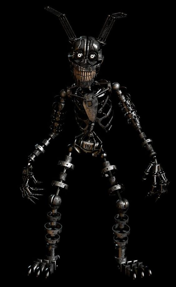 the image showcases a 3d model of a menacing, skeletal robot, likely inspired by the "five nights at freddy's" game franchise. its design features exposed metallic bones and joints, creating an unsettling and eerie aesthetic. the robot stands tall against a completely black background, further emphasizing its intimidating presence. the dramatic lighting casts deep shadows, adding to the overall horror theme.
