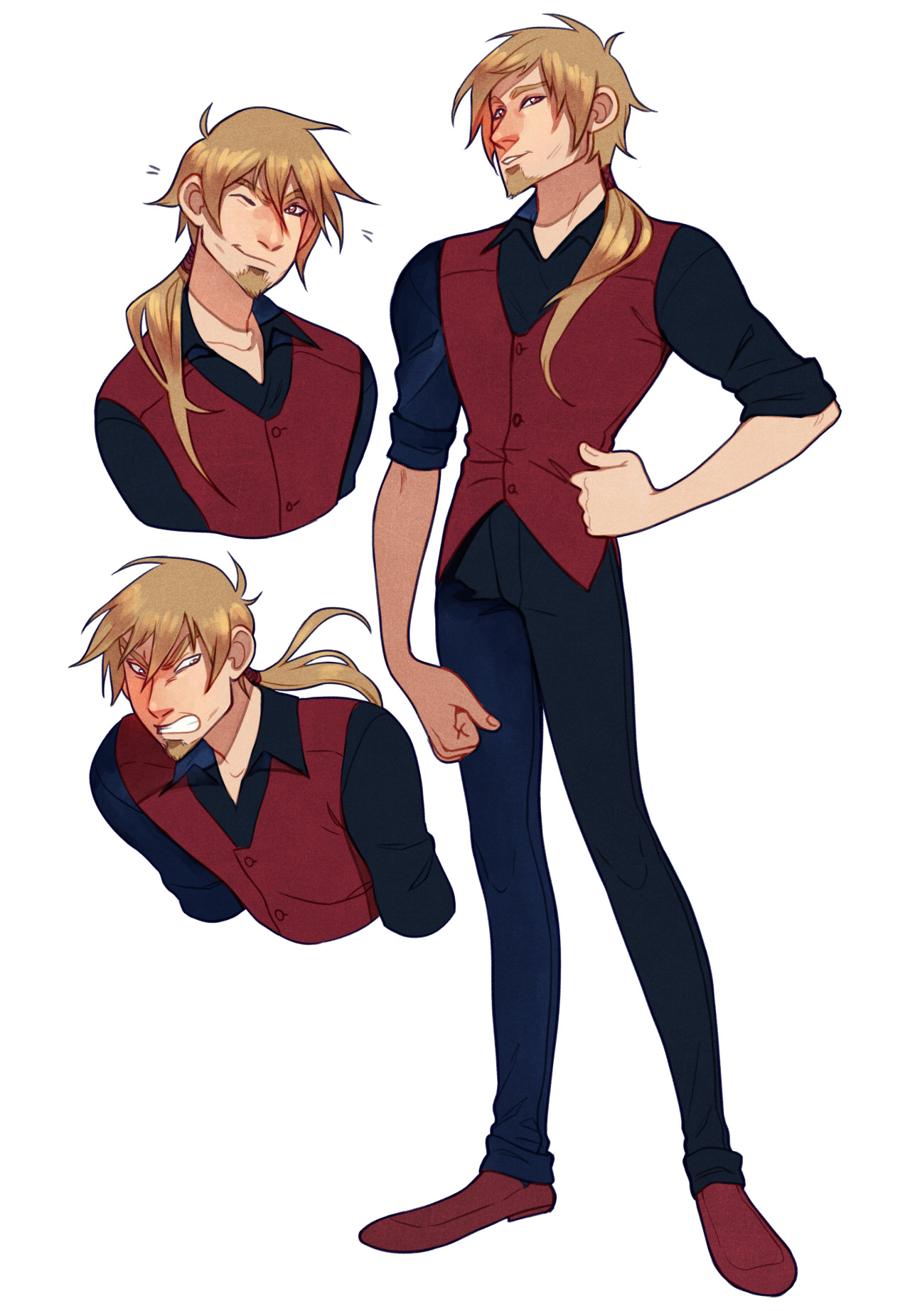the image shows a digital illustration of a blonde male character with three different facial expressions, showcasing a range of emotions. he is dressed in a stylish outfit consisting of a red vest over a black shirt and dark blue pants, paired with red shoes. the character is presented against a plain white background, drawing focus to his design and expressions.