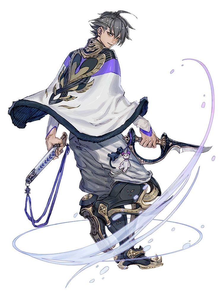 a dynamic character design showcasing a young man with short dark hair and a confident smirk, poised for battle. he wields a katana in his left hand and a unique curved blade in his right. his attire is a blend of flowing white fabrics and ornate, metallic accents, creating a visually striking contrast. the art style leans towards anime and fantasy, hinting at a character who might belong in a vibrant and actionpacked story.  the background is a simple white canvas punctuated by stylized blue streaks that emphasize the character's movement.