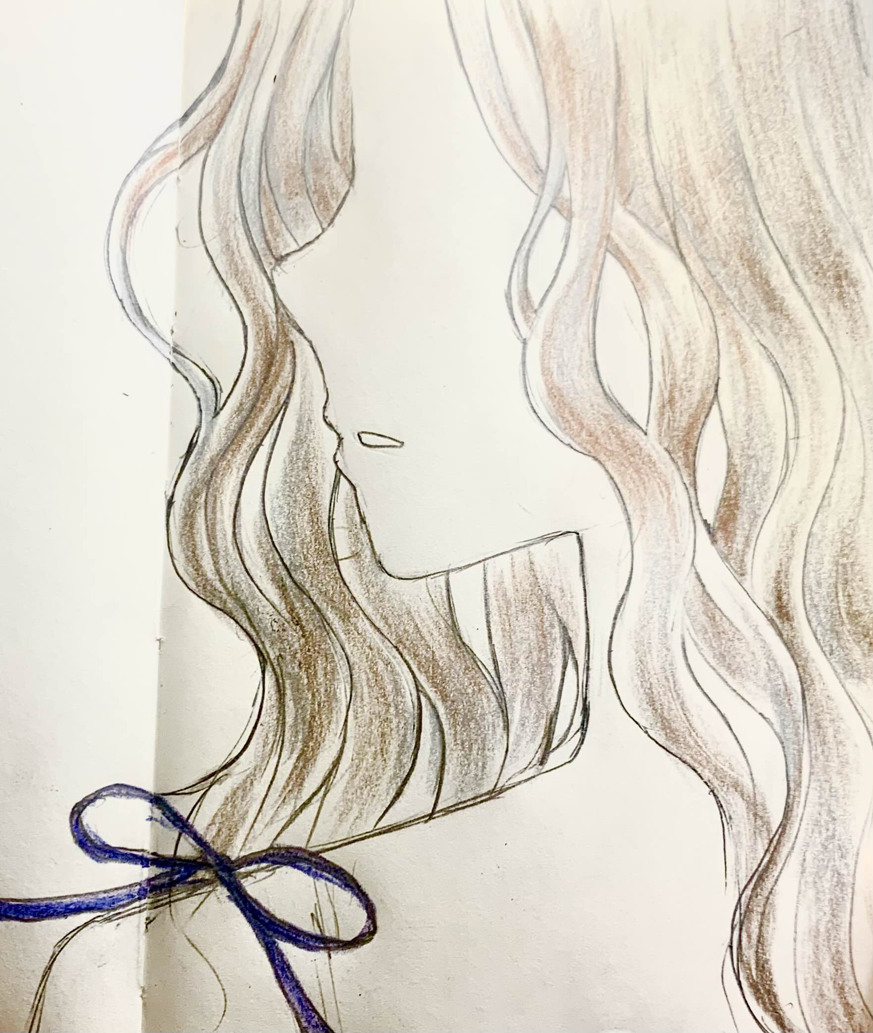 a pencil sketch of a woman in profile view. the woman has long, flowing hair and is wearing a dress with a bow at the neck. the sketch is drawn in a soft, delicate style.