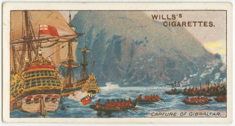 this is a vintage trade card advertising wills's cigarettes, depicting the "capture of gibraltar." the image shows several ships, including large sailing vessels with british flags, and numerous smaller boats filled with soldiers rowing towards the shore. in the background, a large mountain looms over the scene. the overall scene suggests a naval battle or invasion taking place in a coastal area.