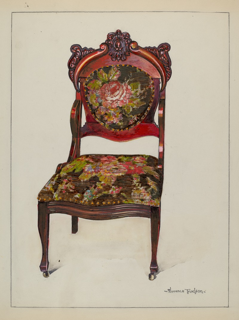 a drawing of an ornate antique chair. the chair has a wooden frame with floral upholstery on the seat and back. the frame is decorated with carvings. the artist's signature, florence truelson, is visible in the bottom right corner.