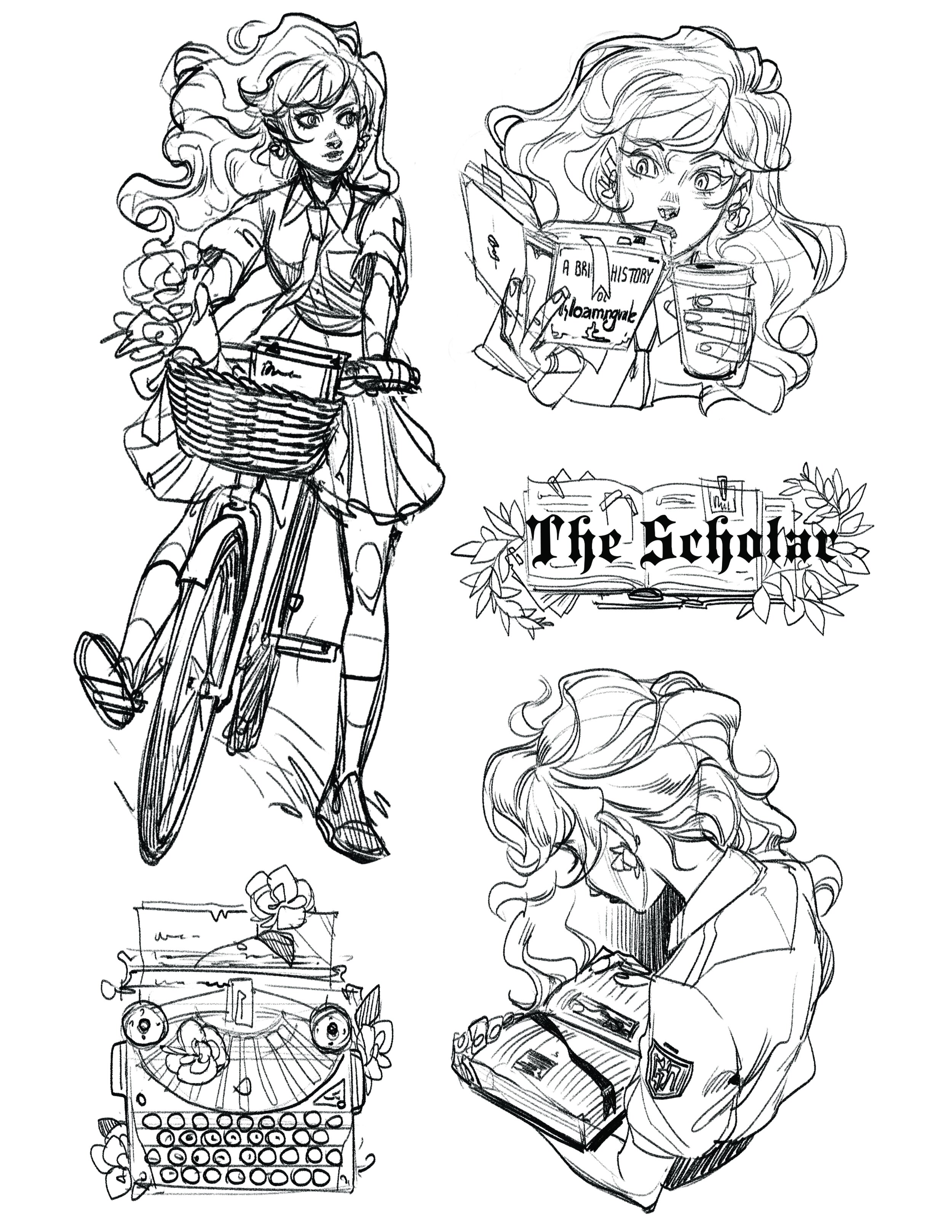 he image contains four distinct sketches of young women engaged in scholarly activities. the top left sketch depicts a girl riding a bicycle with a basket of flowers, suggesting a carefree approach to learning. beside her, a girl is shown immersed in a book, possibly a history textbook, accompanied by a cup of coffee. this sketch emphasizes the comfort and concentration associated with study.  below this pair is a stylized title card "the scholar" framed by leaves, a clear indication of the overall theme. the final sketch depicts a young woman engrossed in a book, showcasing a more contemplative and perhaps introspective approach to learning.  a typewriter is placed at the bottom left suggesting writing and intellectual pursuits. the overall style is consistent throughout; the line work is fluid and expressive, and the images possess a vintage, almost romantic quality. the sketches are in black and white, lending a timeless feel to the piece.