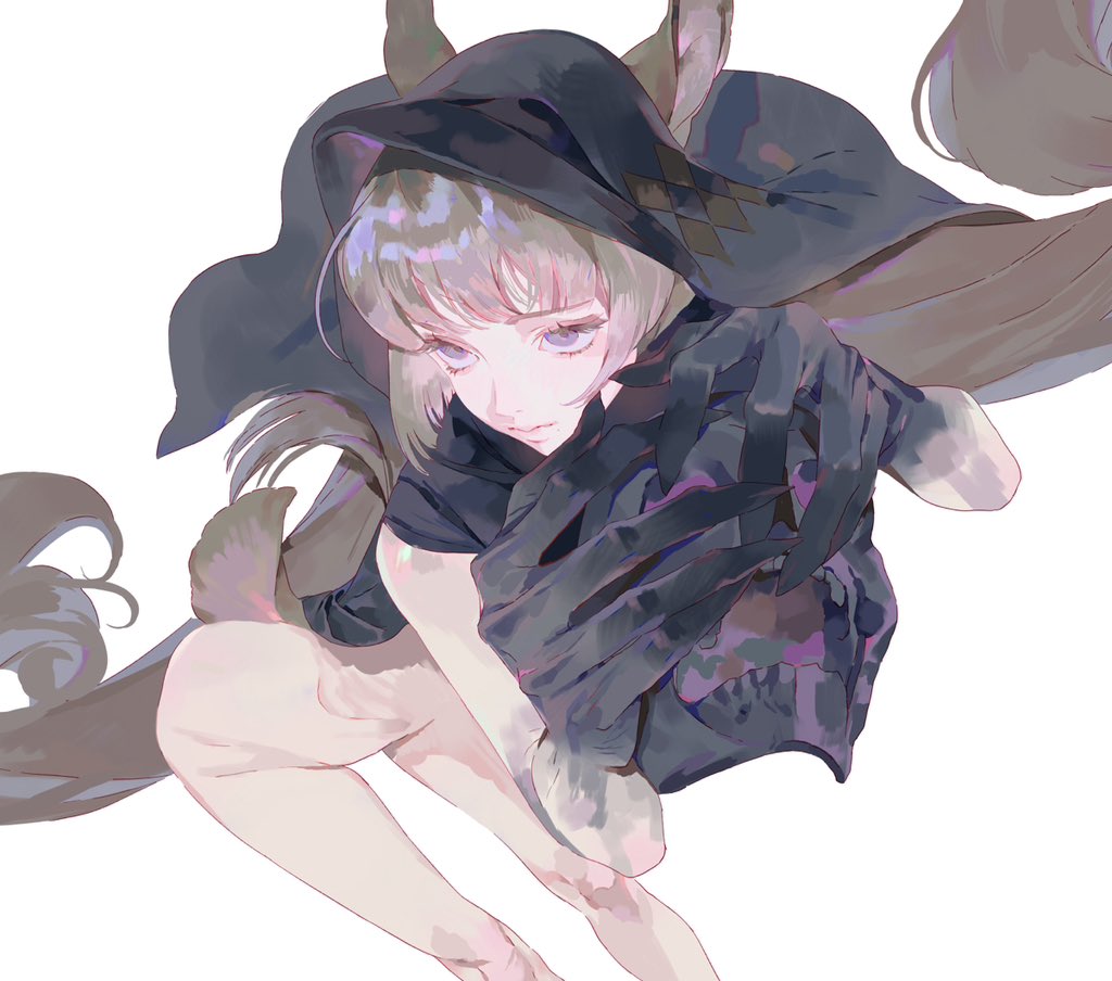 an anime girl with grey hair and purple eyes is crouching. she's wearing a dark cowl and a hood. she has a furry tail and ears, and her hands appear to have claws. she is pale and dressed in dark clothing.