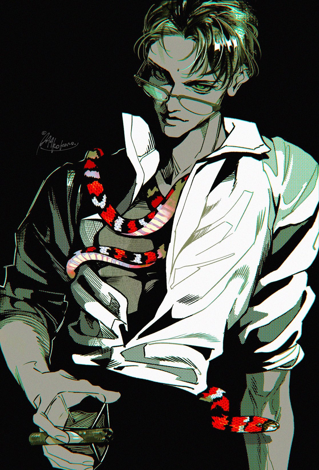 a stylized illustration of a man with short dark hair and glasses. he is wearing a partially unbuttoned white shirt. a red and black snake is draped over his shoulders. the background is dark and the lighting is dramatic, highlighting the subject and creating a sense of depth. the overall style of the illustration is sharp and edgy.