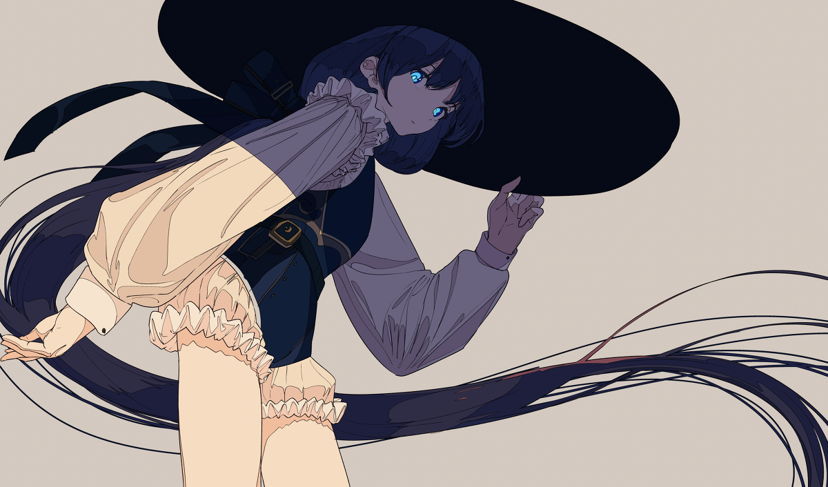 he image is a digital illustration of an animestyle girl. she has long, dark blue hair that flows behind her, and she is wearing a large, black witchlike hat. her outfit consists of a beige, puffedsleeve top, a dark blue vest, and a ruffled light beige bottom. the girl's eyes are a striking bright blue. she's depicted in a dynamic, slightly lowangle pose, one hand holding her hat, giving an impression of movement or perhaps a slight mischievousness. the overall style is elegant and mysterious, with a blend of fantasy and modern fashion elements. the background is a muted, neutral tone, which emphasizes the character and her attire. the art style is smooth and clean, with sharp lines and a focus on detail in the clothing and hair.